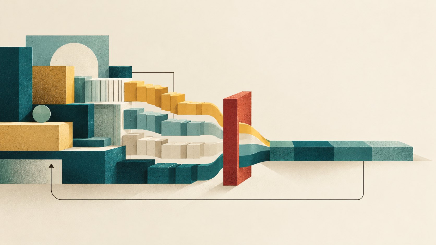 Layered teal, ochre and stone blocks flowing through a red gate into one path, with a thin line returning to the start