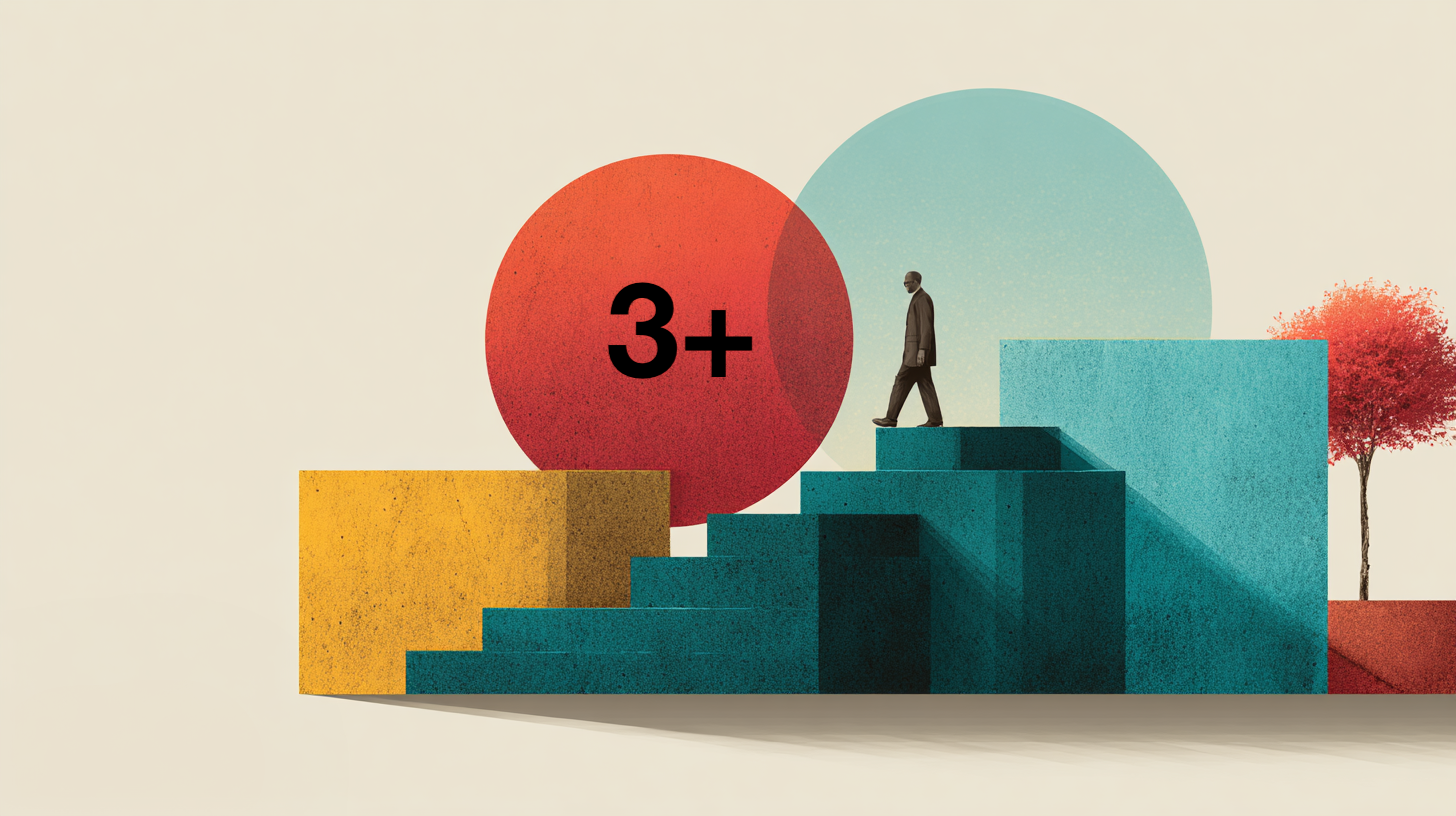 A figure walking up teal steps beside a red circle marked 3+