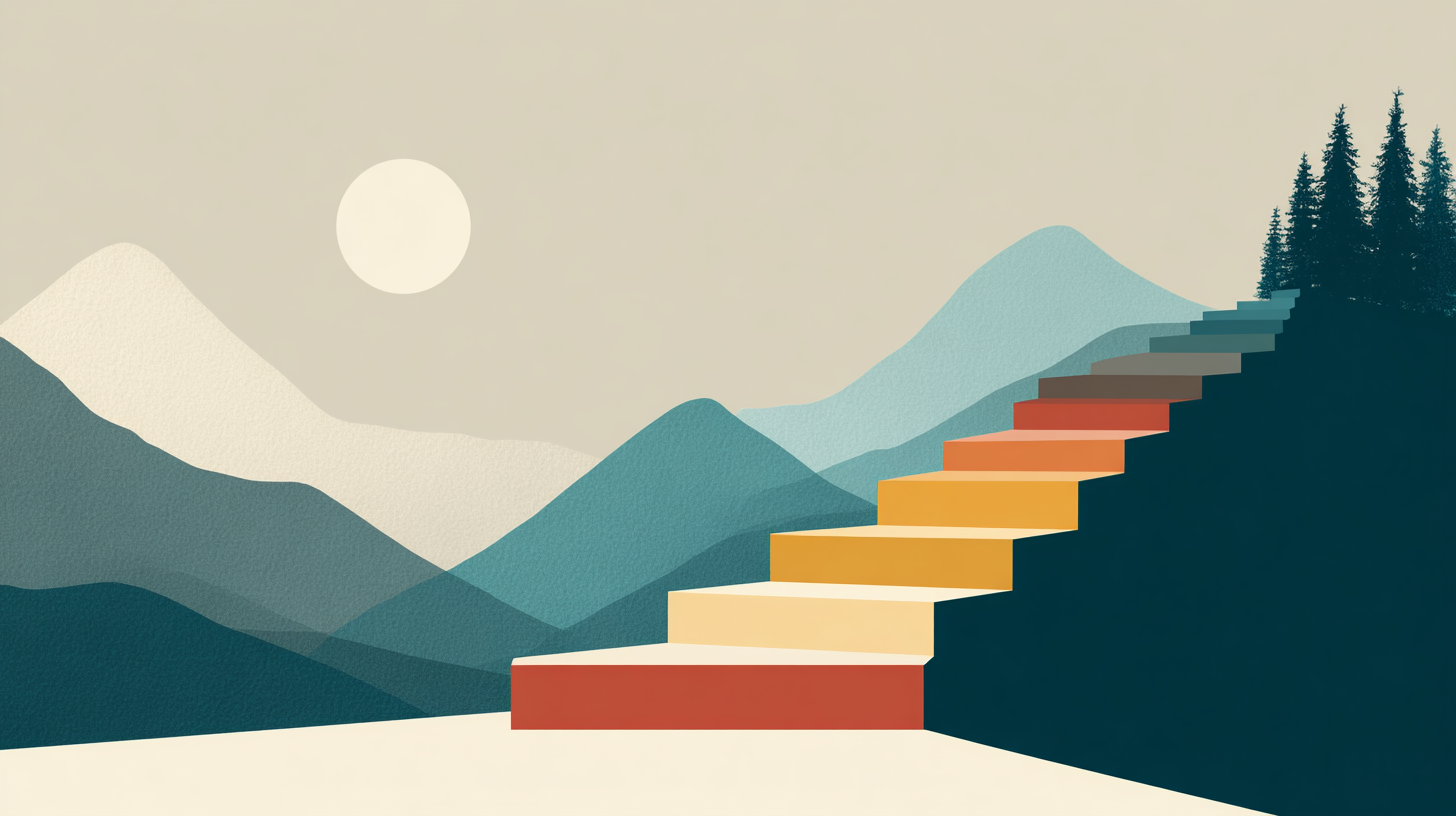 A colourful staircase rising through layered mountains towards a forest