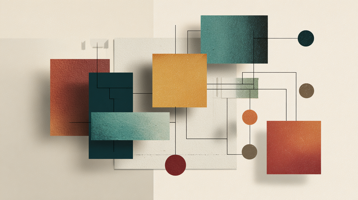 Interlocking ochre, terracotta and teal blocks connected by thin schematic lines